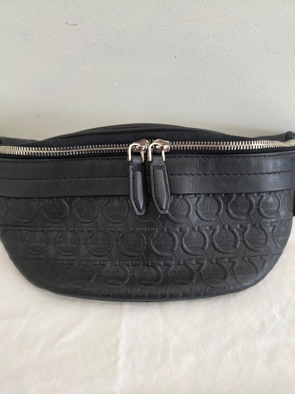 Salvatore Ferragamo Black Embossed Leather Crossbody Belt Bag